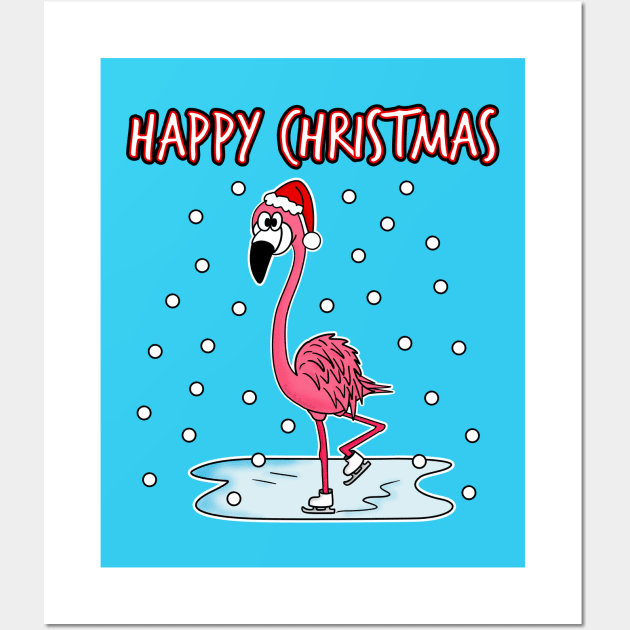 Christmas Flamingo Ice Skating Funny Bird Wildlife Wall Art by doodlerob